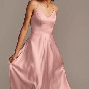 Spaghetti Strap Satin A-Line Long Dress in the color Ballet